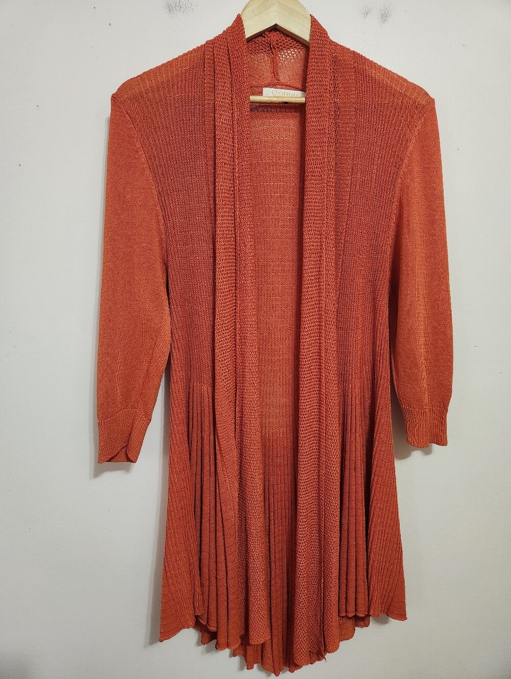 Orange Fashion Village Rust Terracotta Pleated Flare Open Knit Long Cardigan M/L